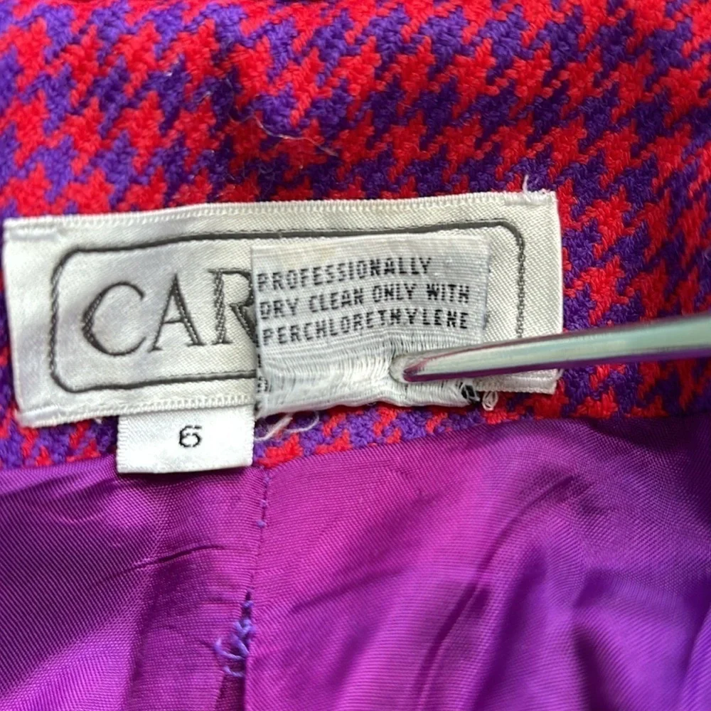 Carlisle Vintage Houndstooth Wool Plaid Long Coat Red Purple Size 6 - Picture 7 of 13